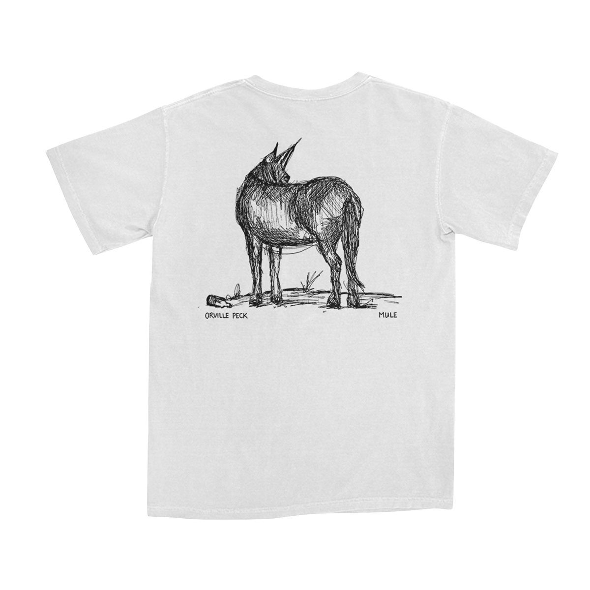 A white short-sleeve t-shirt shown from the back, featuring a black line art sketch of a donkey standing on the back. The text 'ORVILLE PECK' is printed below the donkey's legs, and 'MULE' is printed on the right side of the graphic.
